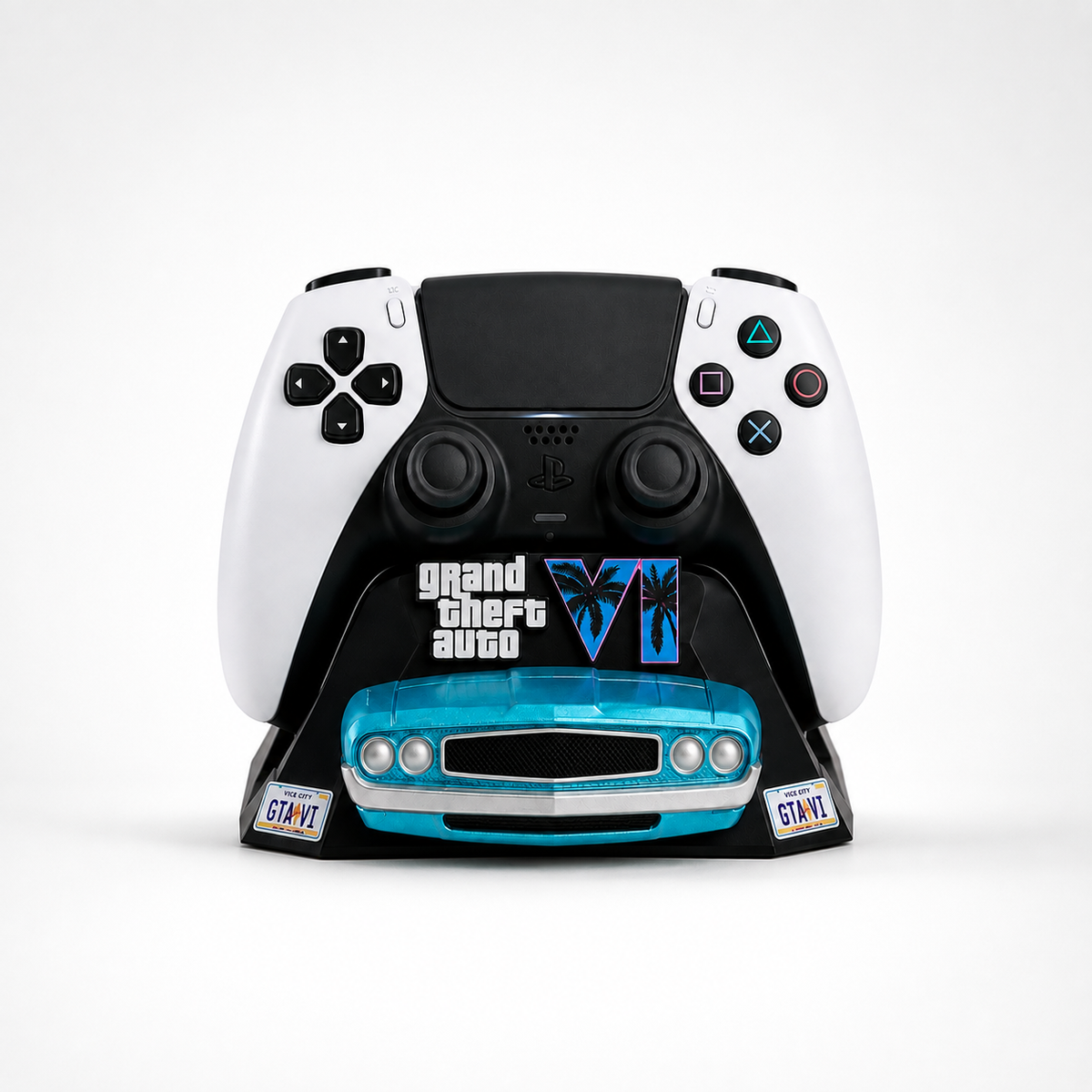 A custom PlayStation 5 DualSense controller stand featuring a Grand Theft Auto Vt motorcycle theme, shown on a clean white background. The stand is black with a blue and black Vt motorcycle graphic and a stylized car front design at the bottom.